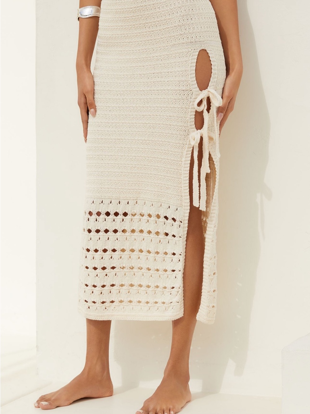 EUC Anthropologie Crochet Tie-Side Midi Skirt in Cream